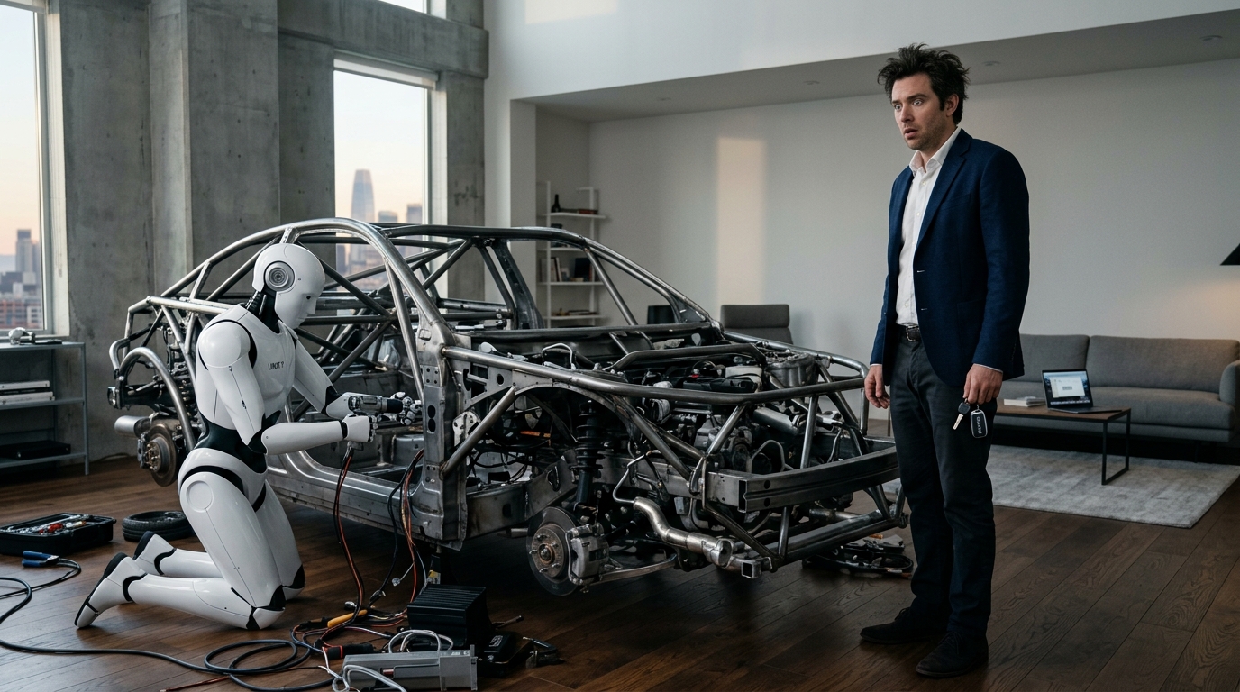 Robot assembling bare car chassis on living room floor in front of founder